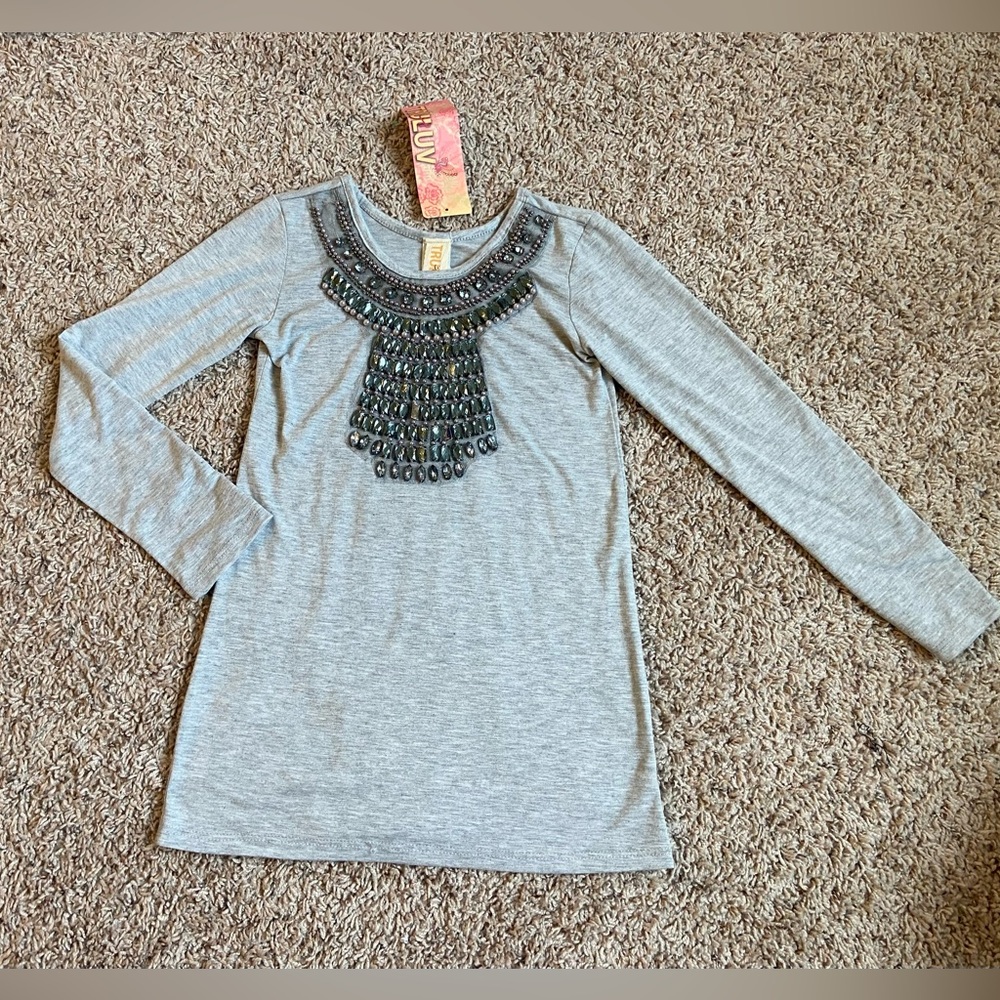 Boutique Beaded Jewelled Grey Long-Sleeve Girls' Tee sz 8 Missing Jewels NWT